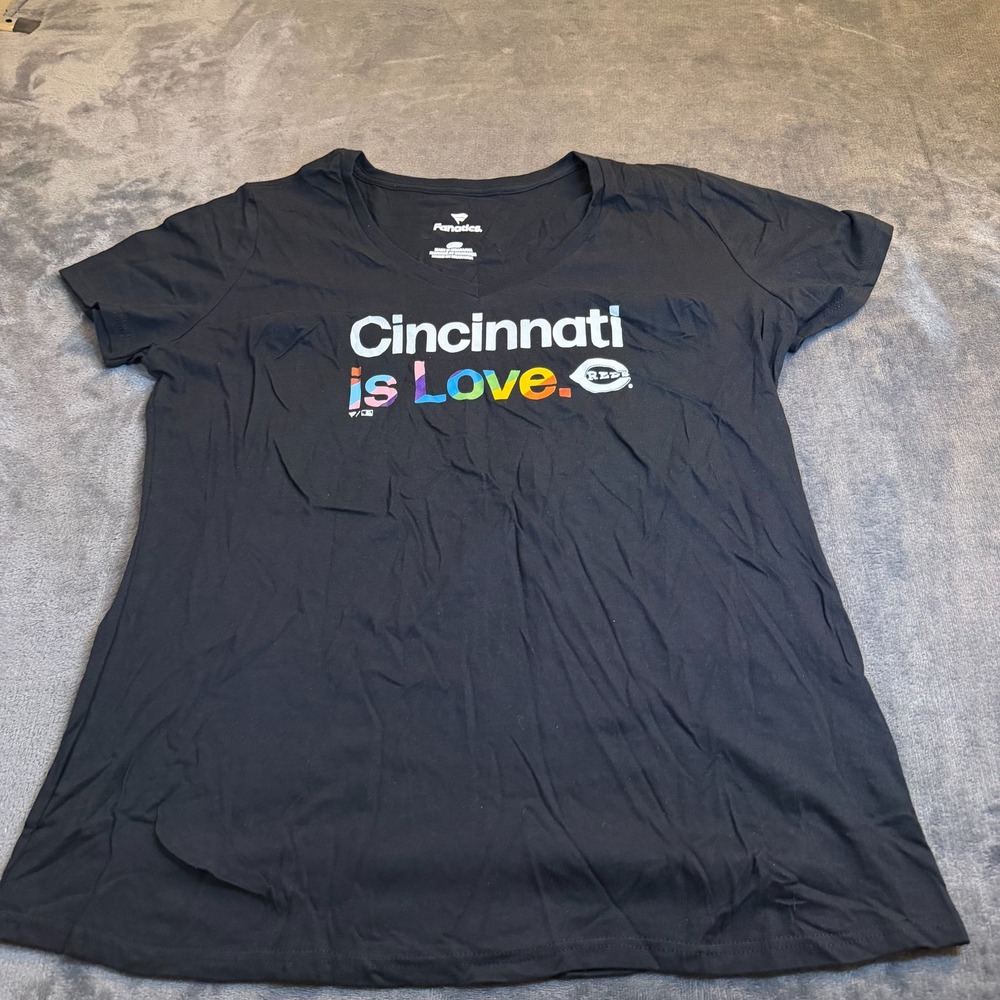 Fanatics Cincinnati Reds is Love V Neck T Shirt Women's Size Large Black